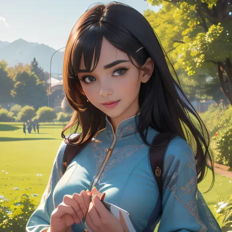 (Extremely detailed 8k wallpaper:2), (photo:2), (26 years old soigne Beautiful girl:2), (gives a lecture to friends:2), detailed (Face and eyes), (hyper realistic:1), (highly detailed:1), (epic realistic:1), rim light, (maximum details:1), cozy, (fullbody:...