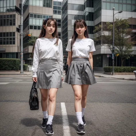 A girl with a gray skirt and white socks, and black shoes, who can be seen from the neck down, and who is not anime-type, who is like a real person.