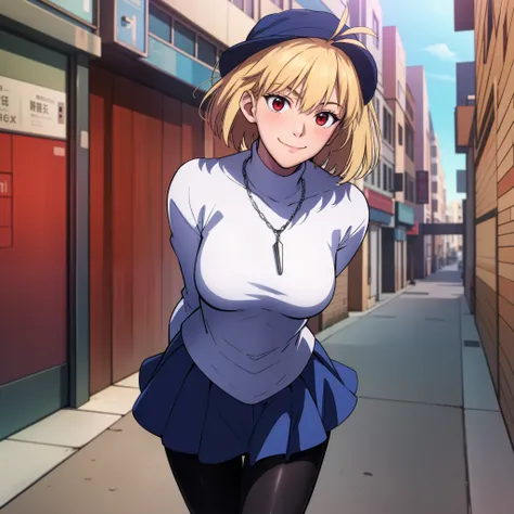 arcueid (tsukihime), 1girl, alley, arms behind back, black pantyhose, blue pleated skirt, blush, breasts, building, cowboy shot, day, chain necklace (arcueid) on chest, large breasts, looking at viewer, outdoors, smile, solo, standing, white long sleeves t...