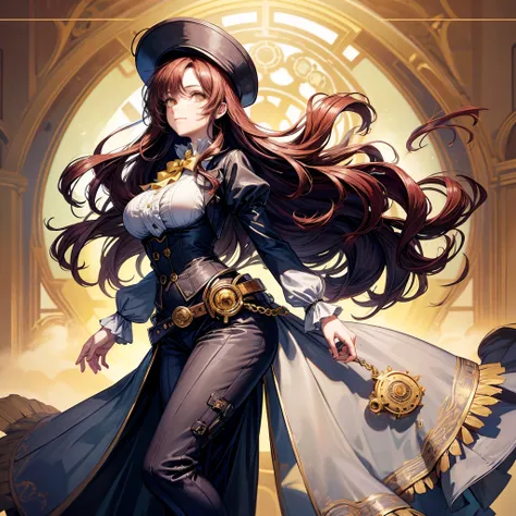 Masterpiece, 1 girl, young woman, solo, dark red hair, long hair, blue victorian hat, wavy hair, yellow eyes, rotund head, wearing monocle, large breasts, victorian era outfit, white buttoned shirt, long legs, long elegant brown trousers, intricate black b...