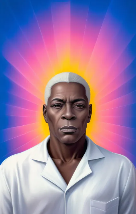 homem arafiado com cabelo branco e camisa branca, Retrato de Ororo Munroe, inspirado em Barkley Hendricks, ray of light through white hair, Retrato CMYK, inspirado em Candido Bido, cabelos brancos ofuscantes, Directed by: Barkley Hendricks, simetria!! Retr...