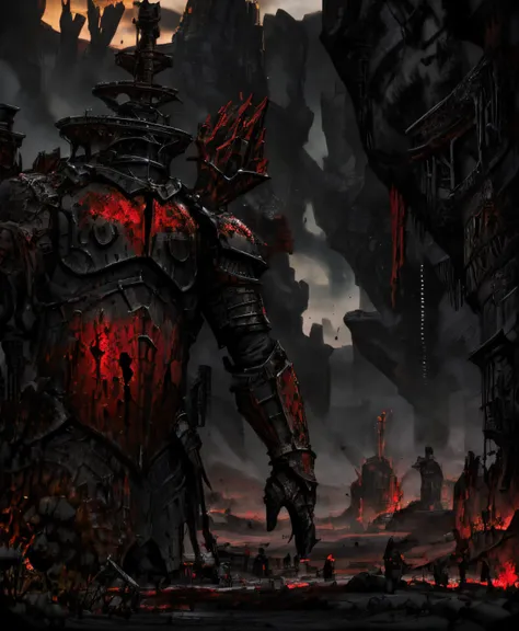 black knight, with armor with blood red details, inhospitable and desolate environment, horror atmosphere, full body close-up ph...