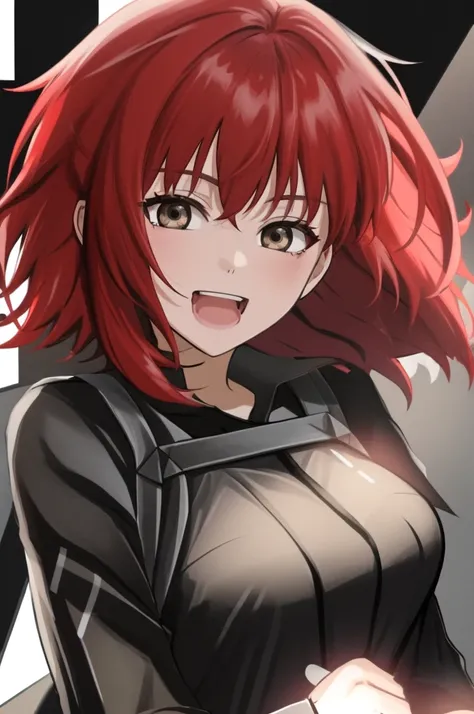 best quality, masterpiece, kyrielight mash, solo, 1girl, black eyes, :d, fat, black clothes, (chibi: 0.6), light red hair, short hair, sticker, emoji, cute, white background, ((laughing a lot ))