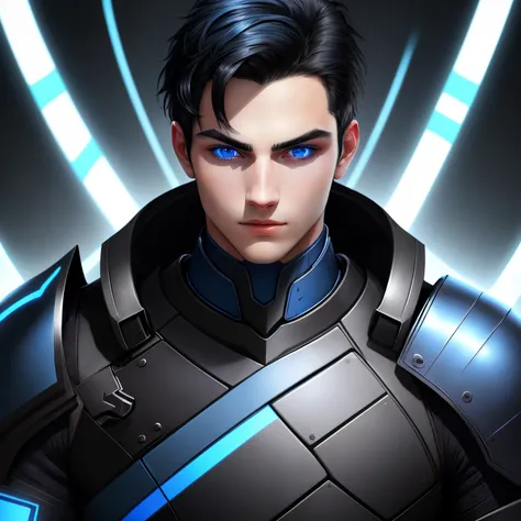 Young man with black hair, Dark blue eyes, three electric blue lines on the face extending from the eyes to the neck, He wears black scaled armor with bright blue stripes