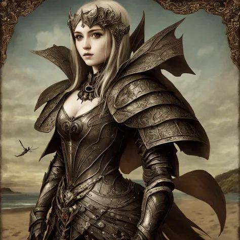 A very realistic and pretty girl　armor　Insect humans　gotik　skull　Northern Renaissance　regret　beach