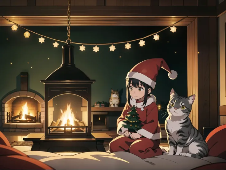 A cozy living room adorned with Christmas cheer. Pine-scented trees stand proudly, wrapped in strands of twinkling lights. Vibrant ornaments dangle from branches, reflecting the warm glow of a fireplace. Kawaii cats, each wearing tiny Santa hats, playfully...