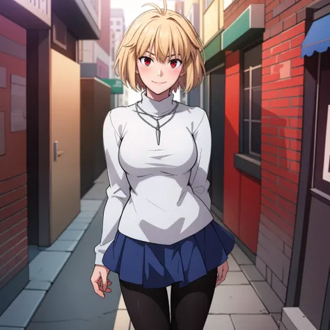 arcueid \(tsukihime\), 1girl, alley, arms behind back, black pantyhose, blue pleated skirt, blush, breasts, building, cowboy sho...