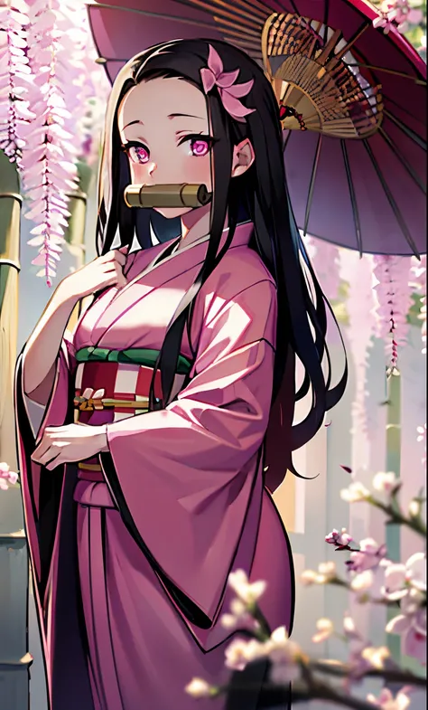 masterpiece, (pink kimono), seductive face, good lighting, décolleté, fine details, masterpiece, glowing eyes, 1girl, black hair, gag, bamboo, Nezuko Kamado, wisteria background, masterpiece, best quality, POV, whole body, wide hips,