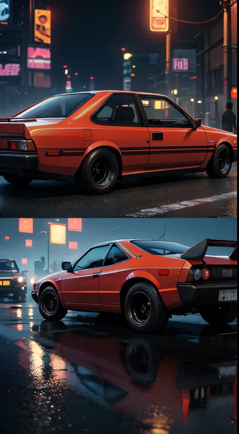 realistic, best quality,  hyoon,  vintage car, sedan, AE62, Trueno, in modern time, cyberpunk