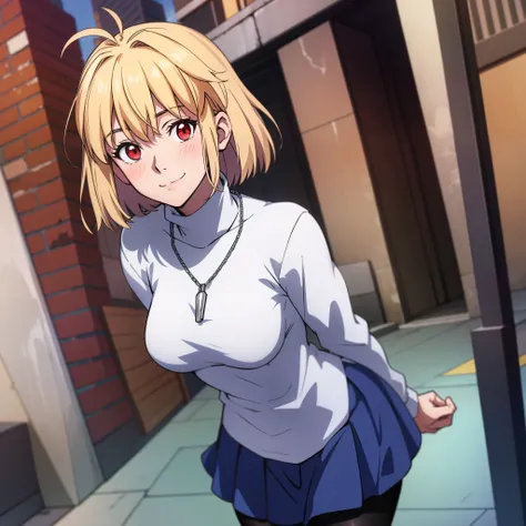 arcueid (tsukihime), 1girl, alley, arms behind back, black pantyhose, blue pleated skirt, blush, breasts, building, cowboy shot, day, chain necklace (arcueid) on chest, large breasts, looking at viewer, outdoors, smile, solo, standing, white long sleeves t...