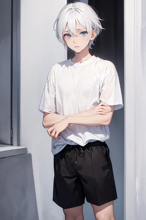 Young looking boy, white hair, white shirt, black shorts, blue eyes, soft expression, tears