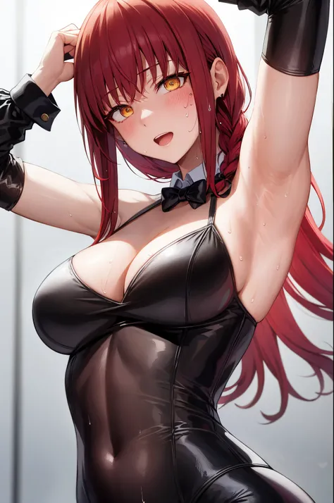 女の子1人、Black Bunny Girl、Raise your arms、Underarms、Emphasis on armpits、the sweat、E-cup、blushful、red hairs, Long braided hair, Golden Eyes,Makima