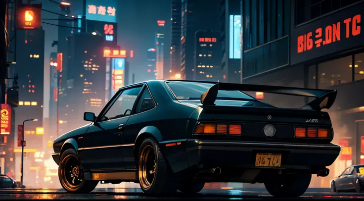 realistic, best quality,  hyoon,  vintage car, sedan, AE62, Trueno, in modern time, cyberpunk