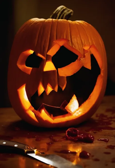 A photo of a jack-o-lantern with a knife sticking out of it, blood dripping from the blade onto the table,Halloween movie series,michael meyers, male