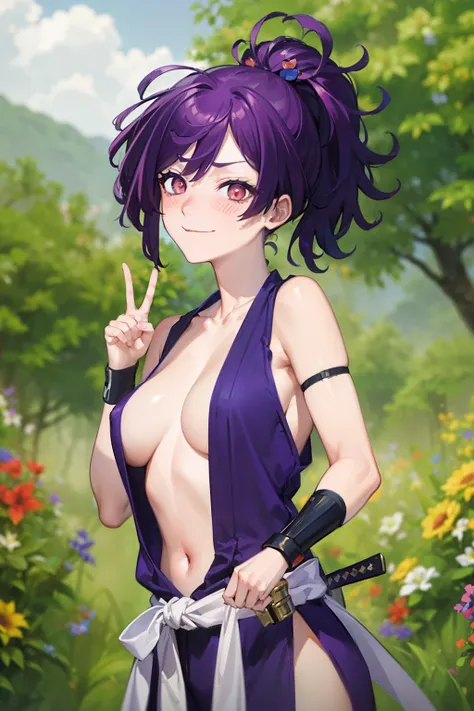 (best quality:1.1), (masterpiece:1.2), portrait, 1girl, yuzuriha_(jigokuraku), purple hair, brown eyes, ninja, open clothes, cleavage, small breasts, topknot, medium hair, breasts apart, white obi, smirk, outdoors, (blush:1.1), flowers (NSFW 1.5)