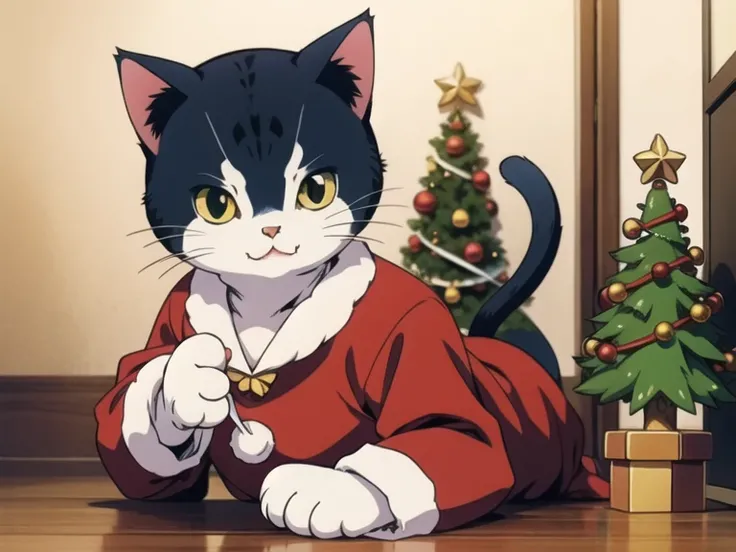 a ((kawaii cat)) drees like santa, holdig a tiny christmas tree