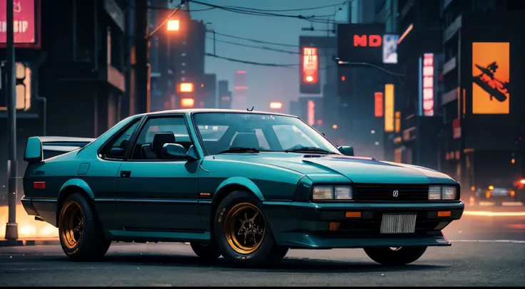 realistic, best quality,  hyoon,  vintage car, sedan, AE62, Trueno, in modern time, cyberpunk