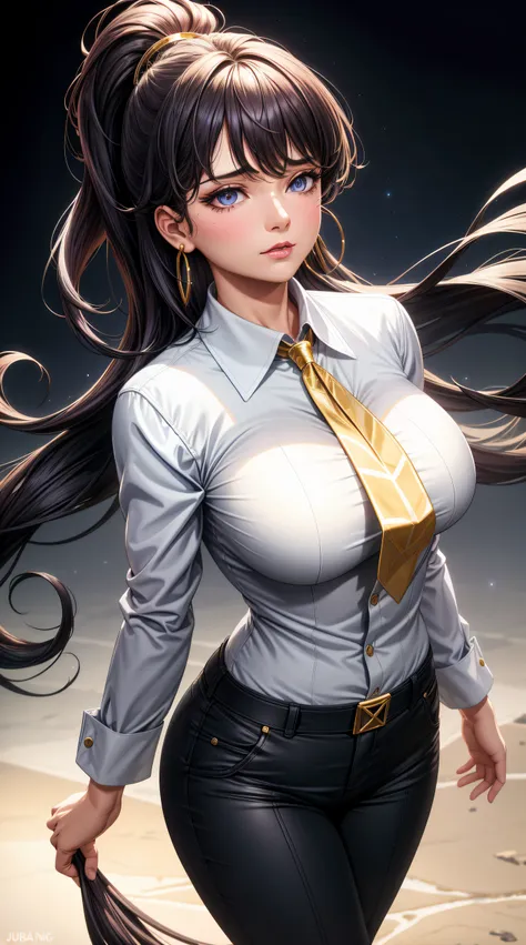 (best quality:1.5, highres, uhd, 4k, detailed lighting, shaders), black wavy haired, gradient hair, large breasts, suit, gray sh...