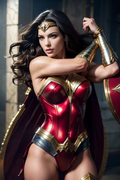 (best quality,realistic:1.2),Liv Tyler in Wonder Woman costume,stunning,hyper-realistic,detailed eyes,luscious lips,dark flowing hair,muscular physique,fierce expression,glowing golden tiara,bright red and gold armor,shield and sword,powerful stance,heroic...