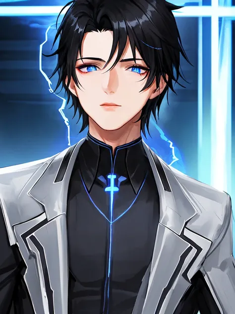 Young man with black hair, dark blue eyes, Long black clothes, Three electric blue lines on the face from the eyes to the neck