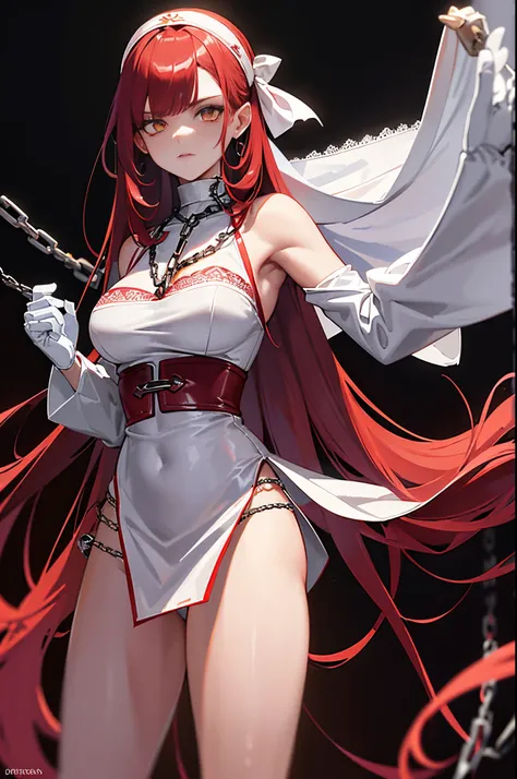 ((masterpiece)), ((best quality)), 1girl, long hair, big bust, ((red hair)), semi naked, very long red hair, ((intimidant look)), sexy pose, ((blood marks)), yellow eyes, ((white lace lingerie)), ((chains)), leather, dark colors, ((bandana)), brillant eyes...