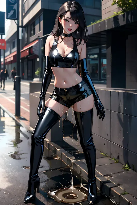 highres, beautiful women, high detail, good lighting, lewd, hentai, ((black latex shorts)), ((black latex thigh high boots)), black latex top, bare midriff, (bare thighs), (black latex gloves), leather choker, wet shorts, (((wetting herself))), (peeing her...