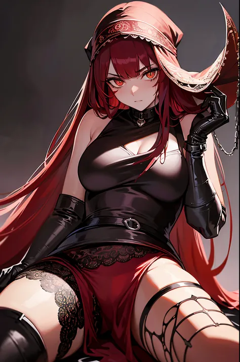 ((masterpiece)), ((best quality)), 1girl, long hair, big bust, ((red hair)), semi naked, very long red hair, ((intimidant look)), sexy pose, ((blood marks)), yellow eyes, ((white lace lingerie)), ((chains)), leather, dark colors, ((bandana)), brillant eyes...