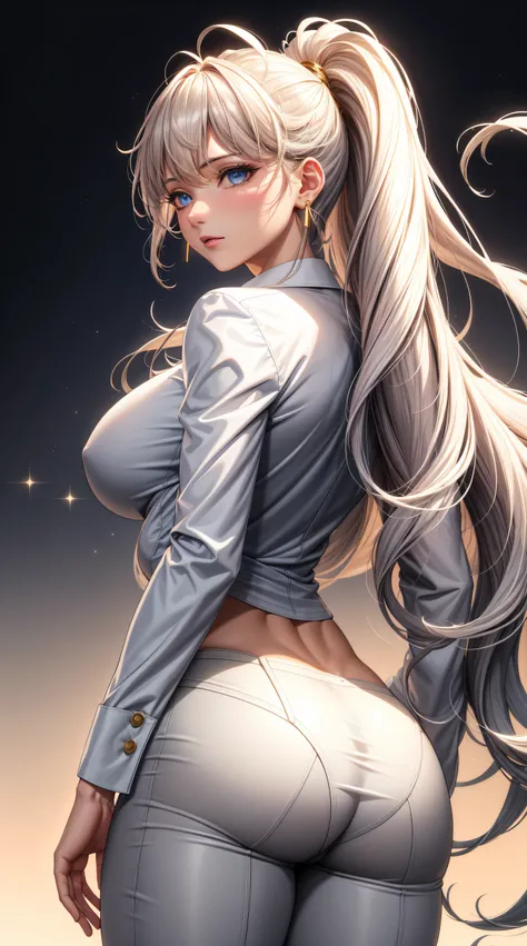 (best quality:1.5, highres, UHD, 4K, detailed lighting, shaders), white wavy haired, gradient hair, large breasts, suit, gray shirt, social shirt, social long pants, mature woman , (pov), white background, colorful eyeshadow, dramatic lighting, sparkling e...