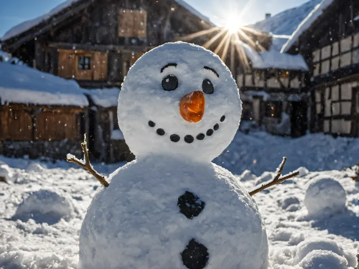 closeup on a snowman, snow, christmas, childrend, medieval village in switzerland, volumetric lighting, sunbeams, particle, detailed faces, detailed body, detailed eyes, high detailed photo, deep of field