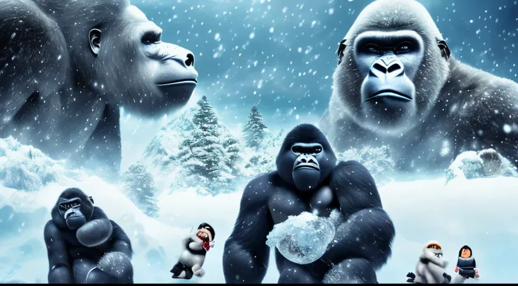 ゴリラ大雪🦍⛄️、gorilla holding a snowball、white gorilla falling from the sky🦍、shining gorilla🦍、winter messenger gorilla🦍、kawaii、white ...