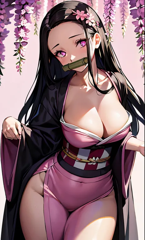 masterpiece, (pink kimono), seductive face, good lighting, décolleté, fine details, masterpiece, glowing eyes, 1girl, black hair, gag, bamboo, Nezuko Kamado, wisteria background, masterpiece, best quality, POV, whole body, wide hips,