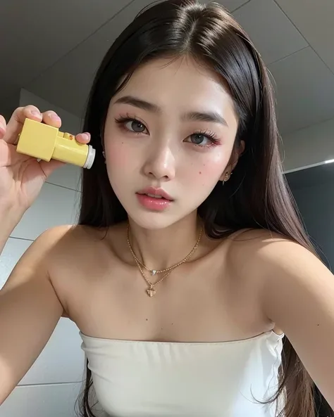 Mujer araffe con un vestido blanco sosteniendo un objeto amarillo en la mano, maquillaje popular de Corea del Sur, maquillaje coreano popular, Hermosa joven coreana, dilraba dilmurat, Hermosa mujer surcoreana, Blackpink Jennie, Labios claros y de alta cali...