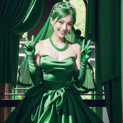 emerald tiara, Green Pearl Necklace, Boyish very short green hair, lipsticks, Japan woman smiling, very short short hair, big breasts beautiful, Green eyes, Long green gloves made of satin material, Green eyes, v sign,V-sign with both hands, Emerald Earrin...