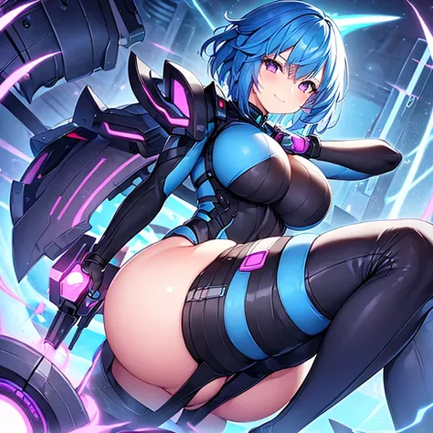 1girl, wide hips, thick thighs, breasts, large breasts, futuristic, tech, science-fiction, machinery, blue hair, very short hair, purple eyes, light smile, smile, bodysuit, black bodysuit, neon trim, pntyhose, thighhighs,