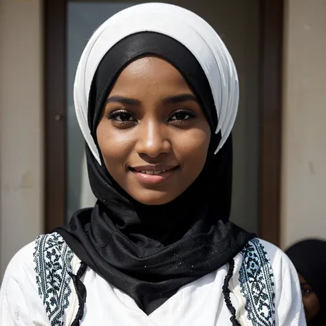 A beautiful African Muslim woman voilée with a beautiful sourire and a black and white hijab that lit the Coran