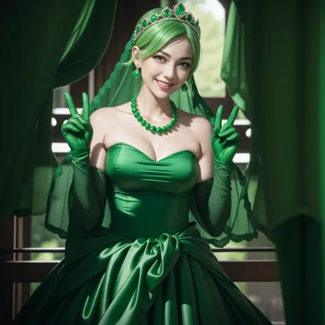 emerald tiara, Green Pearl Necklace, Boyish very short green hair, lipsticks, Japan woman smiling, very short short hair, big breasts beautiful, Green eyes, Long green gloves made of satin material, Green eyes, Emerald Earrings, green vale, v sign