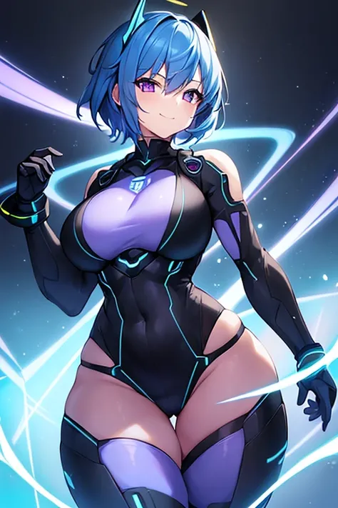 1girl, wide hips, thick thighs, breasts, large breasts, futuristic, tech, science-fiction, machinery, blue hair, very short hair, purple eyes, light smile, smile, bodysuit, black bodysuit, neon trim, pntyhose, thighhighs, blue neon trim