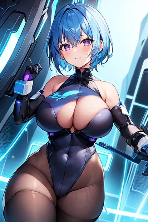 1girl, wide hips, thick thighs, breasts, large breasts, futuristic, tech, science-fiction, machinery, blue hair, very short hair, purple eyes, light smile, smile, bodysuit, black bodysuit, neon trim, pantyhose, black pantyhose, thighhighs, blue neon trim