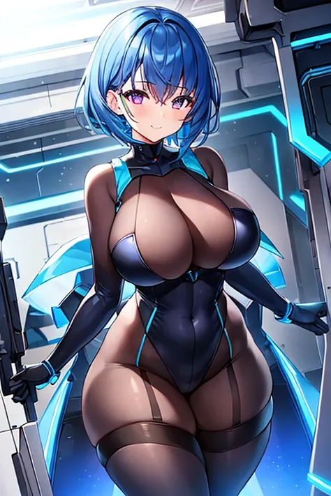 1girl, wide hips, thick thighs, breasts, large breasts, futuristic, tech, science-fiction, machinery, blue hair, very short hair, purple eyes, light smile, smile, bodysuit, black bodysuit, neon trim, pantyhose, black pantyhose, thighhighs, blue neon trim