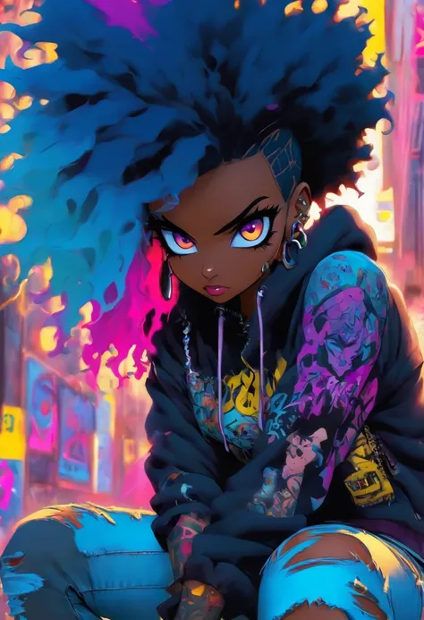 The most beautiful and sexy punk rock girl, black Afro, black and purple, blue hair, yellow eyes, dark skin, (full body concept), wearing a hoodie, Graphic design jacket and torn skinny jeans, tons of tattoos and piercings, Perfect masterpiece, high qualit...