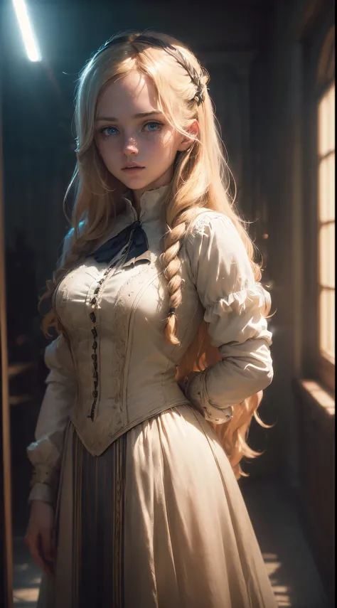 ((1female, 1woman, solo) Alice, Human girl, long wavy blonde hair, blue eyes, freckles, teenager, 18 years old, renaissance_outfit) (Masterpiece, super detailed, 8K, (High-Definition, Sunlight:0.5, Soft_Shadows:0.5, Atmospheric_lighting, 8k, 4k, hyper-real...