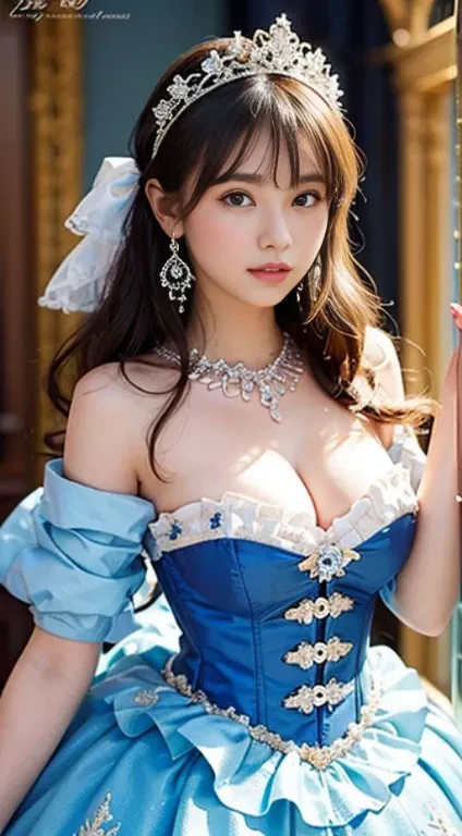 Best Quality, 17 year old beautiful girl from Prague、Ultra-detailed, finely detail, hight resolution, Beautiful detailed eyes , ,Sexually aroused face、,Dynamic Angle,Looking at Viewer(Rococo Ball Gown、Gorgeous embroidered white and royal blue ruffles),(Gor...