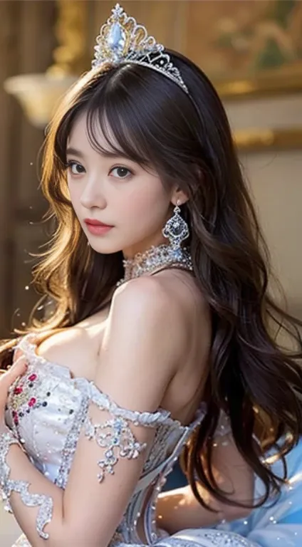 Best Quality, 17 year old beautiful girl from Prague、Ultra-detailed, finely detail, hight resolution, Beautiful detailed eyes , ,Sexually aroused face、,Dynamic Angle,Looking at Viewer(((Fairytale princess in one very gorgeous rococo princess ball gown ador...