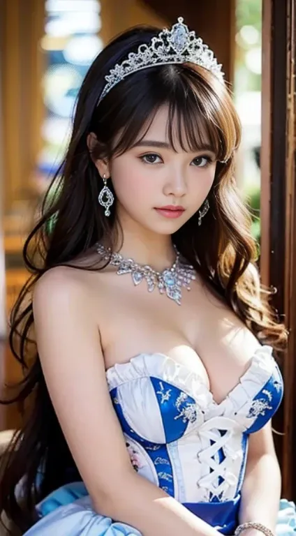 Best Quality, 17 year old beautiful girl from Prague、Ultra-detailed, finely detail, hight resolution, Beautiful detailed eyes , ,Sexually aroused face、,Dynamic Angle,Looking at Viewer(Rococo Ball Gown、Gorgeous embroidered white and royal blue ruffles),(Gor...