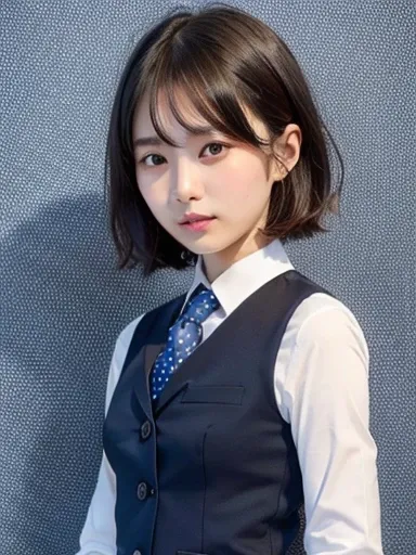 20-year-old Japan woman, straight black hair cut to the shoulders, neat, intelligent, (small breasts), womens suit, vest, (Wearing a small white polka dot tie on a navy blue background)))