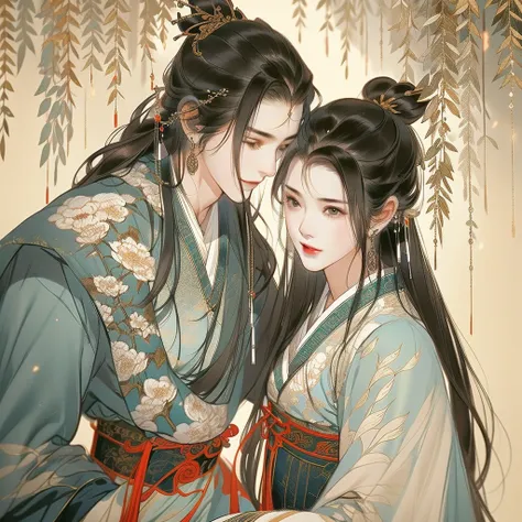 An ancient Chinese man and woman，Snuggle up to each other，Clear face，pretty eyes，Hanfu，（The man is handsome）Romantic atmosphere，The background is in ancient streets，the trees，tmasterpiece，ultra - detailed，Epic composition，Super HD，high qulity，HighestQuali，...