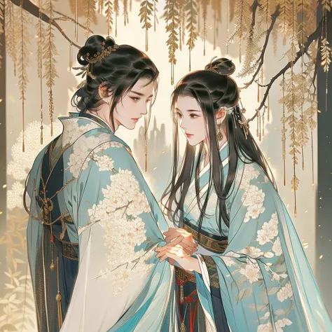 Men and women in ancient China，Snuggle up to each other，Clear face，pretty eyes，Hanfu，（The man is handsome）Romantic atmosphere，The old streets are in the background，The tree，tmasterpiece，ultra - detailed，Epic work，hyper HD，high high quality，highest  quality...