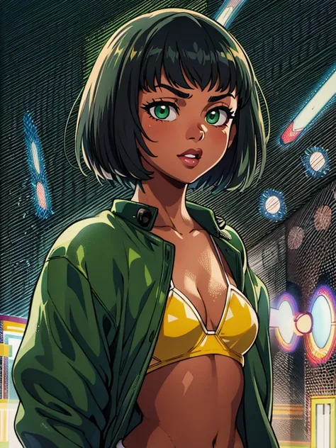 (best quality, masterpiece, illustration:1.1), [[[1girl]]], black teenage girl, flatchest, green eyes, short hair with bang, [[[yellow micro bikini]]] beautiful, highly detailed, 4k, perfect proportions, perfect body, rich quality, hd, ultrahd, perfect han...