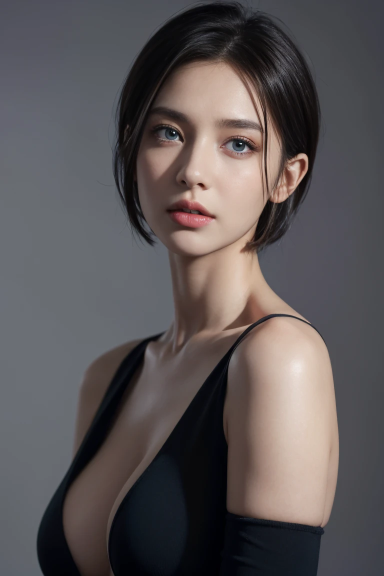 Skin Tight Black Top:1.2, Looking at Viewer, Cinematic lighting, Perfect, softlight, High resolution skin:1.2, Realistic skin texture, Realistic face, off shoulders, Exposed cleavage, Blue eyes, Short hair,、dark brown  hair、fullnude、Light gray background