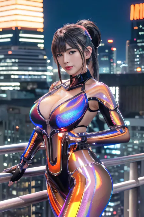 Cyber City at Night,(Gorgeous night view illumination:1.3),(Stand on the roof of a building:1.3)The actress is a very beautiful Western adult woman......(Sexy super shiny orange transparent holographic mechanical cyberpunk suit:1.3) ,Sexy face, a necklace,...